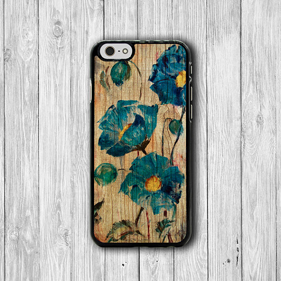 Blue Watercolor Flower Wooden Phone Cases, Floral Painting iPhone 6 Cover,iPhone 6Plus iPhone 5, iPhone 4S Hard Case, Rubber Deco Boss Gift #26