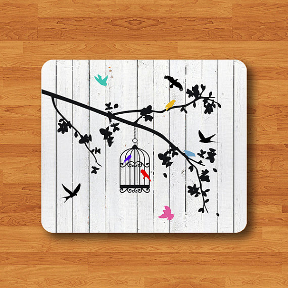Bird Cage Drawing Draw White Wooden Mouse Pad Vintage Color Mousepad Electronics Pads Office Deco Gift For Him & Her Large Computer