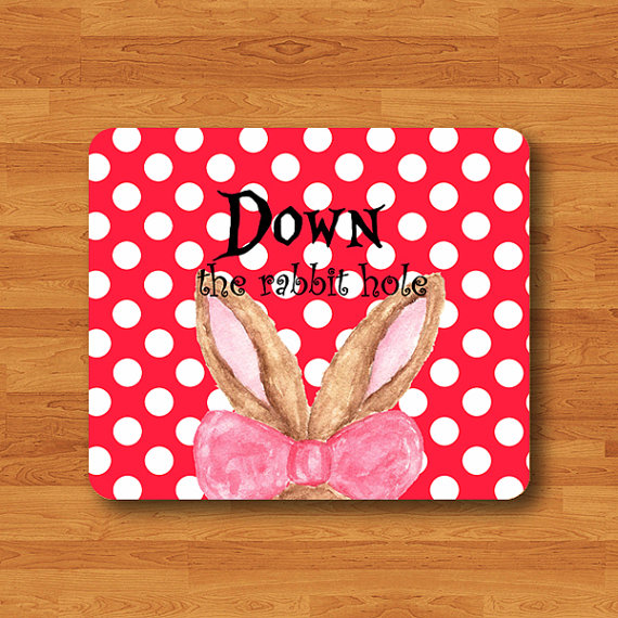 Rabbit Quote Down The Rabbit Hole Polkadot Mouse Pad Watercolor Mousepad Red Polka Dot Art Work Computer Office House Desk Deco Teacher Gift#2-36