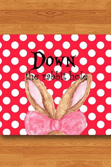 Rabbit Quote Down The Rabbit Hole Polkadot Mouse Pad Watercolor Mousepad Red Polka Dot Art Work Computer Office House Desk Deco Teacher Gift#2-36